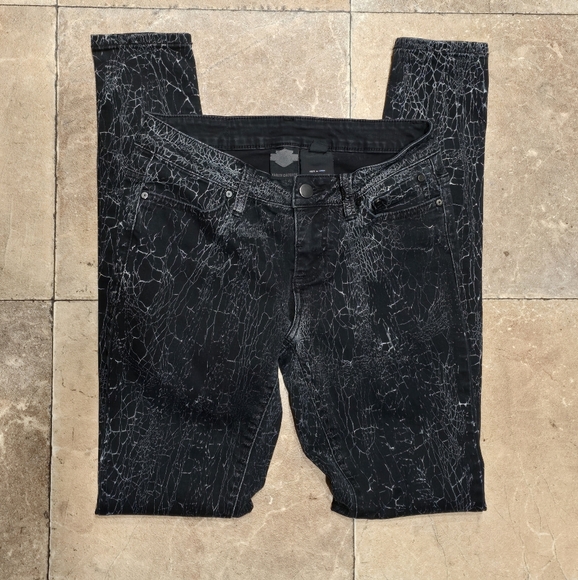 Harley Davidson Black Crackle Distressed Skinny Jeans Size 27 - Picture 1 of 12